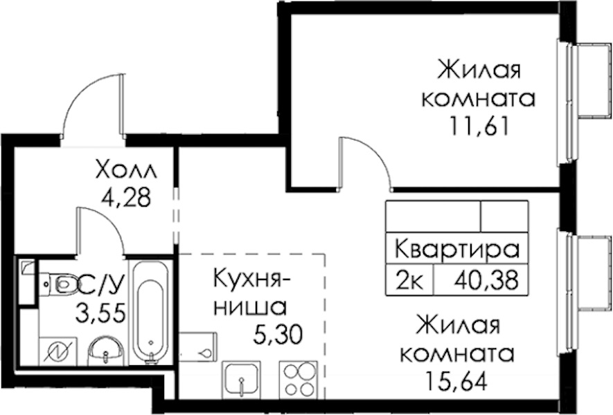 1-комнатная квартира 40.38 м², 6/15 эт., ЖК «Янинский лес»